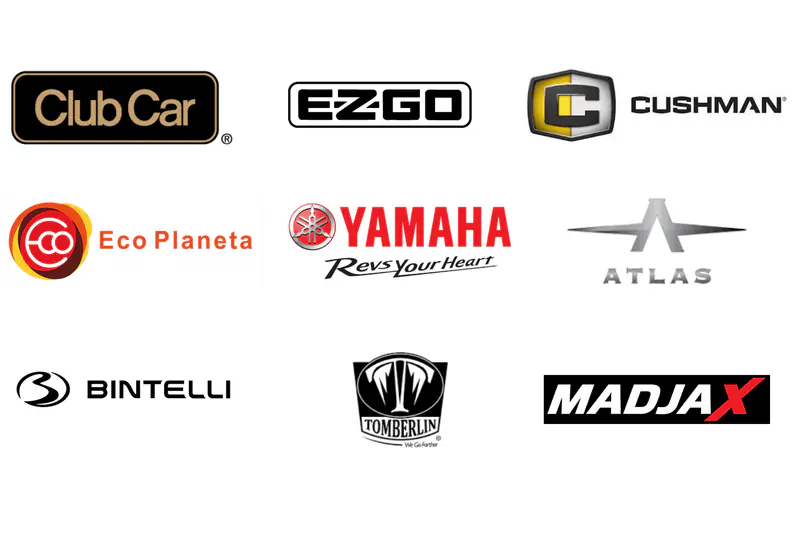 Golf cart brand logos including Club Car, E-Z-GO, Cushman, Yamaha, Atlas, Bintelli, Tomberlin and MadJax