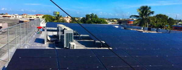Rooftop solar panels on a commercial building
