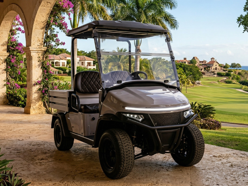 Denago Oxen grey electric utility golf cart with open cargo bed and all-terrain tyres under a stone arcade
