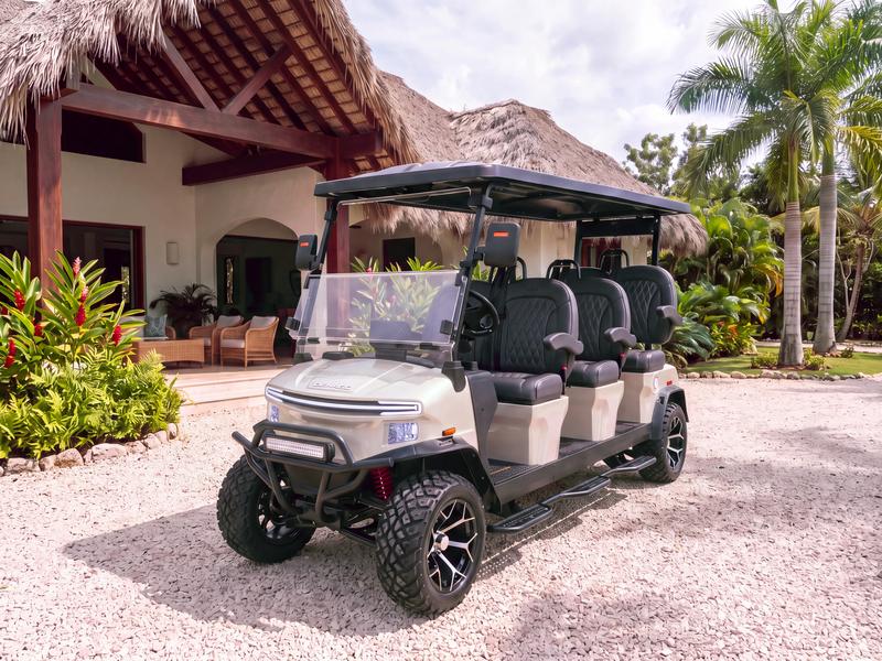 Denago Rover XXL six-seat electric golf cart in champagne on a white gravel driveway in front of a thatched-roof villa in Casa de Campo