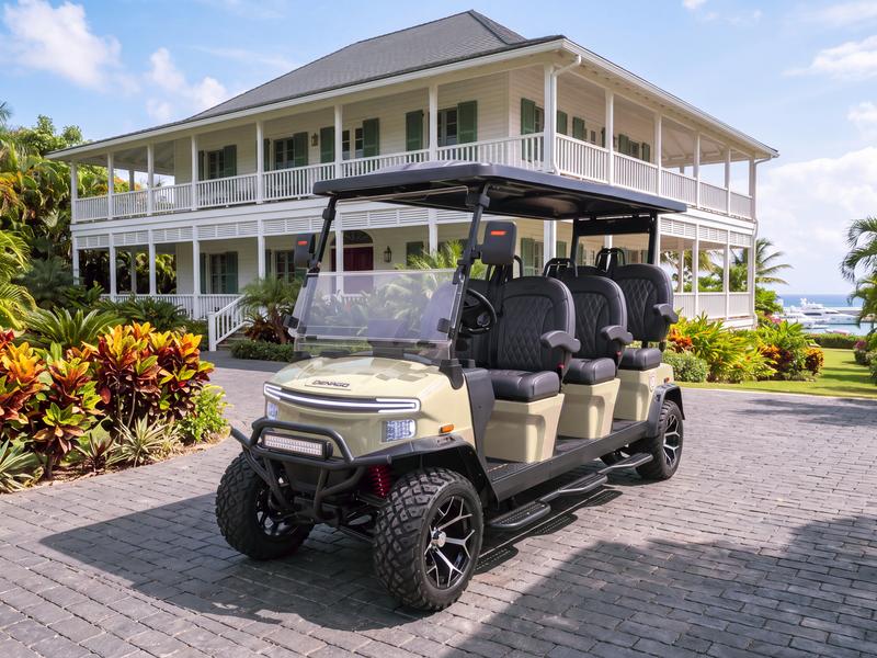 Denago Rover XXL six-seat electric golf cart in khaki on a basalt driveway in front of a plantation-style villa with wraparound verandas near the Casa de Campo Marina