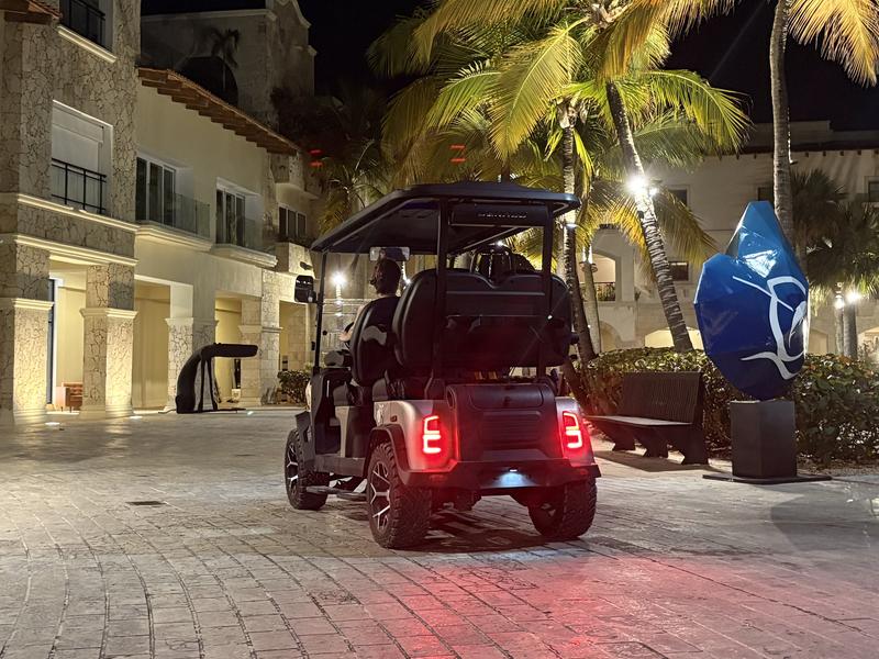 Rear of a Denago golf cart at night with its red LED tail lights on, driving along a palm-lined promenade