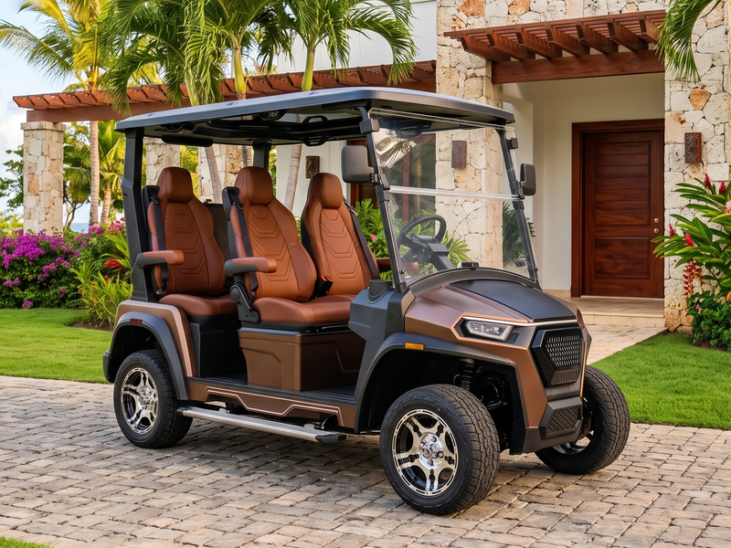 ECO Azure 4 2WD electric golf cart in bronze with brown seats parked in front of a villa