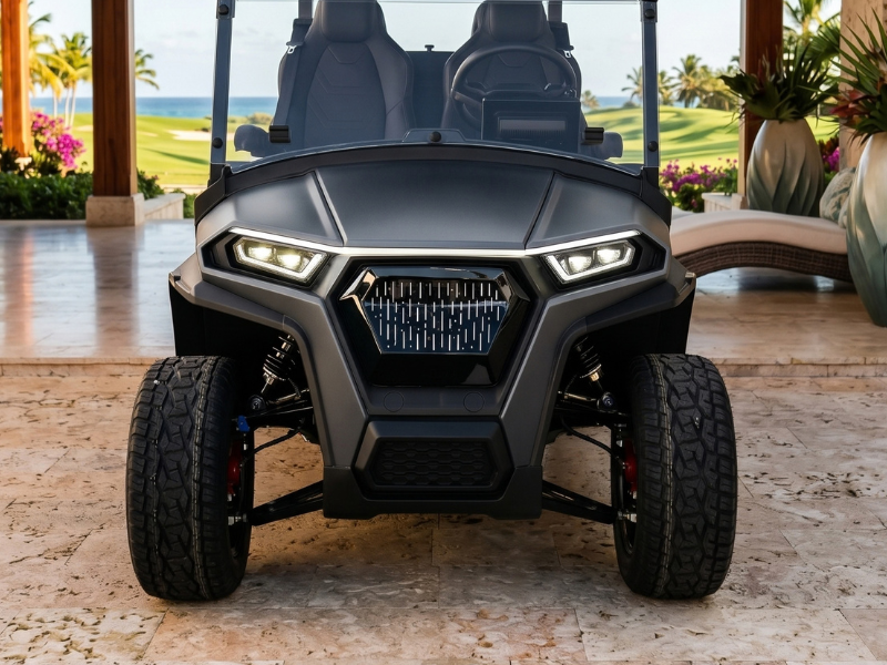 Front of the ECO Azure 4 4WD with the double wishbone front suspension, coil-over shock absorbers and all-terrain tires