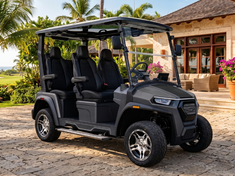 ECO Azure 4 4WD electric golf cart in matte grey with black seats and alloy wheels, parked on a stone driveway in front of a tropical villa