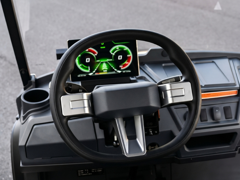 Steering wheel with brushed metal spokes in front of the digital driver display of the ECO Azure 4