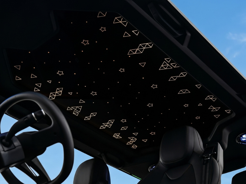 Starlight roof lining of the ECO Azure 4 with glowing stars and geometric symbols