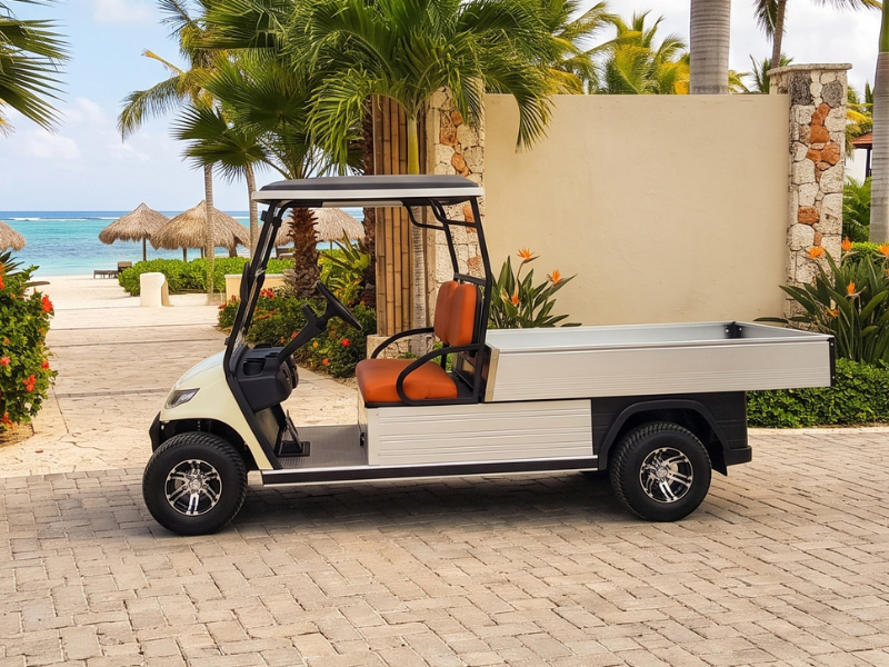 ECO Cross 2 Cargo L electric utility golf cart with open aluminium cargo bed on a beachfront path