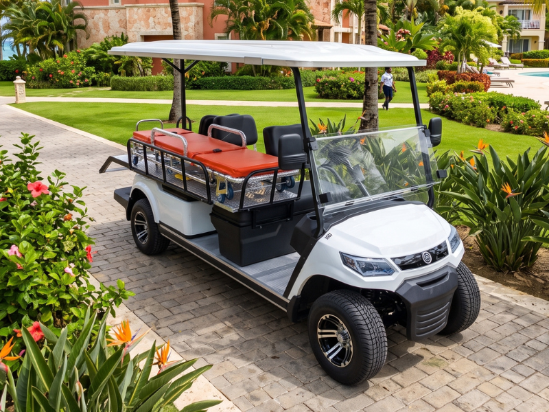 ECO Cross Ambulance electric golf cart with rear stretcher platform on a resort driveway