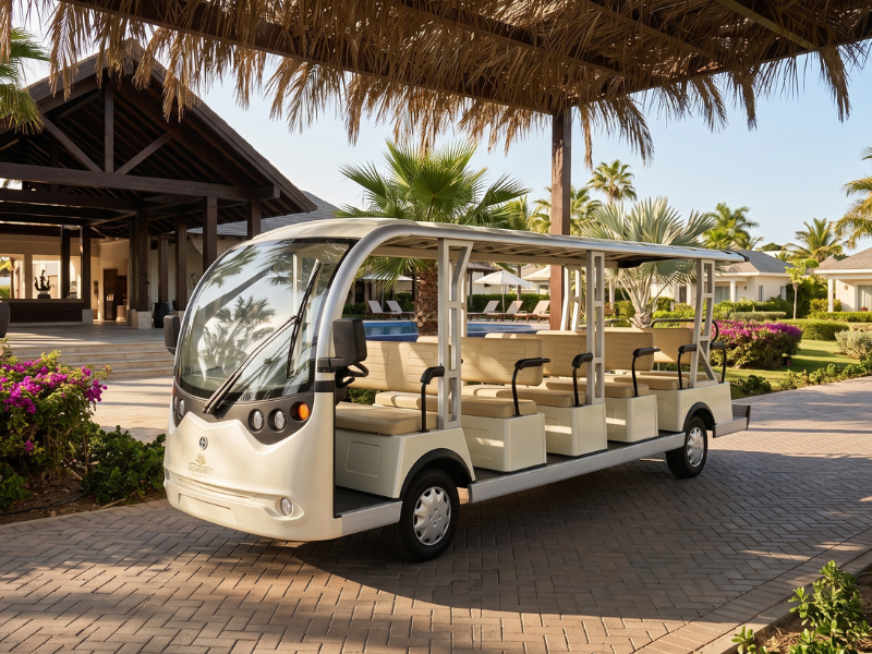 ECO E-Bus S17 seventeen-seat electric shuttle bus under a palapa