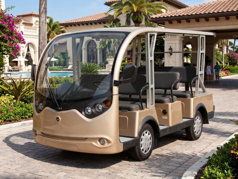 ECO E-Bus S8 eight-seat electric shuttle bus at a resort
