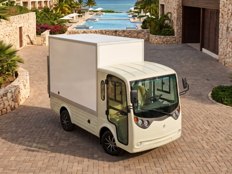 ECO E-Cargo Box High electric cargo van with tall enclosed box body and lifting board on a resort driveway