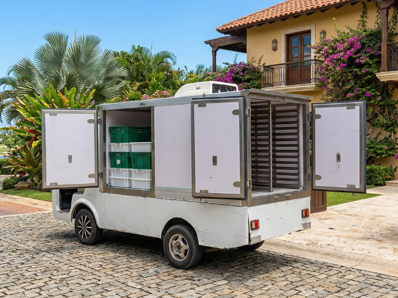 ECO E-Cargo Box Refrigerated electric vehicle with insulated box, roof cooling unit and side doors open showing crates