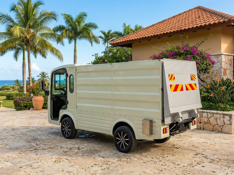 ECO E-Cargo Box electric cargo van with enclosed box body and rear lifting board outside a villa