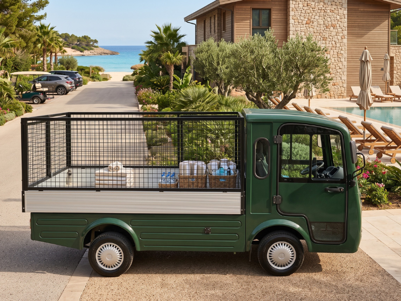 ECO E-Cargo Flat Bed High green electric flatbed vehicle with high mesh sides carrying towels and supplies