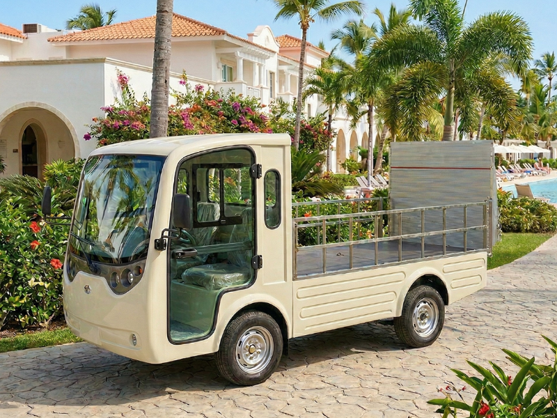ECO E-Cargo Flat Bed electric flatbed vehicle with mesh sides and rear lifting board beside a hotel pool