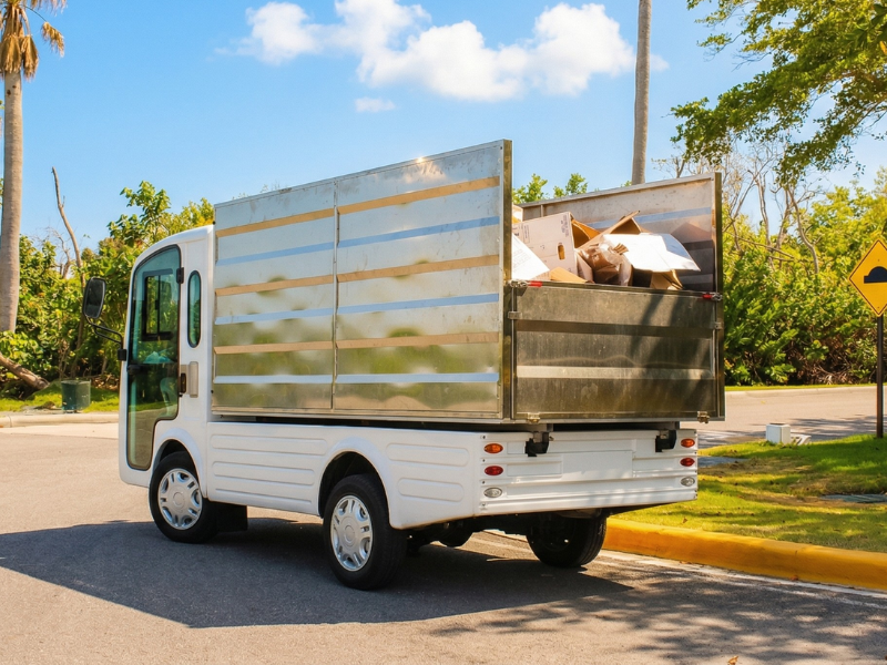 ECO E-Cargo Garbage customized electric vehicle with tall aluminium sides carrying waste along a resort road