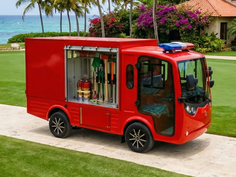 ECO E-Fire Truck electric fire truck with side compartment open showing extinguishers and tools