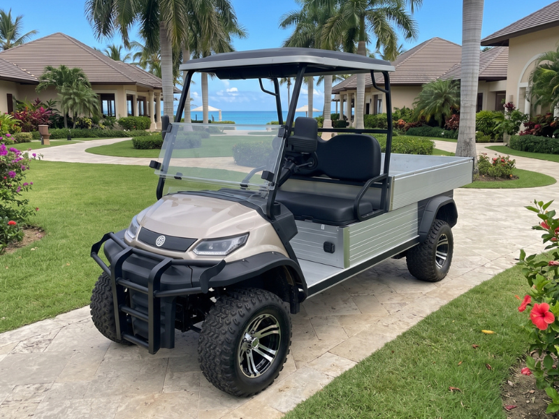 ECO Track 2 Cargo L lifted electric utility golf cart with brush guard and open aluminium cargo bed