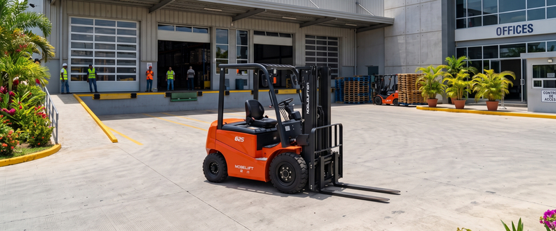 Eco Planeta Noblelift electric forklift outside the parts warehouse in the Dominican Republic
