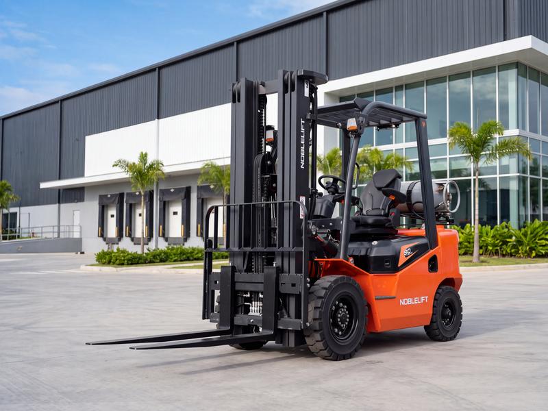 Noblelift CPCD35 LPG forklift with the gas cylinder behind the seat, in front of a modern warehouse with loading docks and a glass office