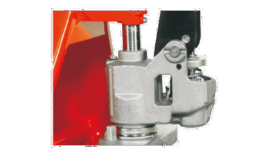 Galvanised cast hydraulic pump on a Noblelift manual pallet jack