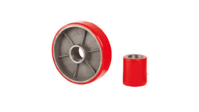 Polyurethane coated steer wheel and load roller for a manual pallet jack